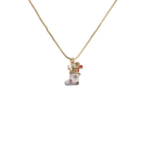 Collier Pendentif Bas De Noël Cuivre Émail Zircon Plaqué Or Chaîne De Boîte Bijoux Cadeau De Vacances Femmes