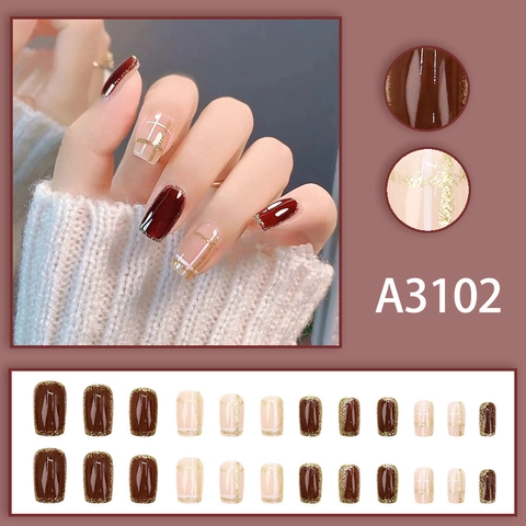 Press On Nails Short Square Round Glossy Wine Red Nude Glitter Check Pattern Artificial Fingernails For Women