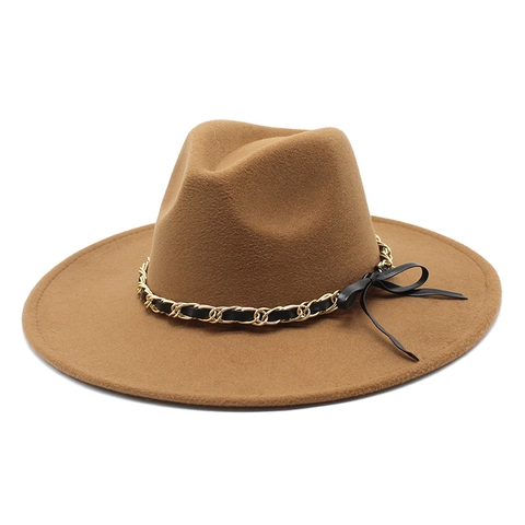 Wide Brim Fedora Hat Woolen Felt Metal Chain Band Bow Elegant Retro Jazz Hat For Women Autumn Winter