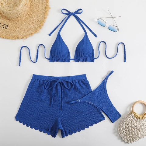 Women Polyester Crinkle Halter Top Bikini Bottom And Scalloped Shorts Solid Color Summer Beachwear Resort Style