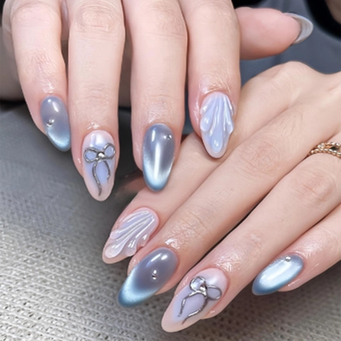 Elegant Press On Nails Cat Eye Foggy Blue Gradient 3D Ribbon Bow Rhinestone Artificial Almond False Tips For Women