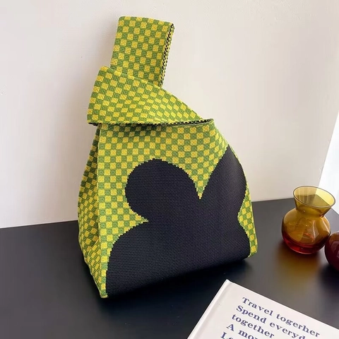 Knitted Handbag Checkerboard Heart Flower Pattern Polyester Yarn Wrist Tote Bag Women Casual Daily Use