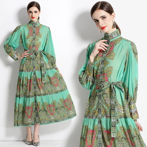 Vintage Paisley Print Maxi Jurk Met Lange Mouwen Voor Dames Retro Opstaande Kraag Enkele Rij Knopen Met Riem Elegant