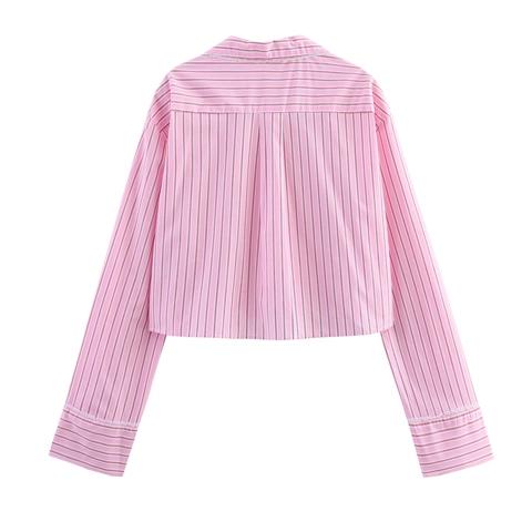 Damen Rosa Gestreiftes Hemd Langarm Revers Bluse Mit Weißem Spitzenbesatz Süßer Mädchenstil Lockerer Sitz Polyester Popeline Top