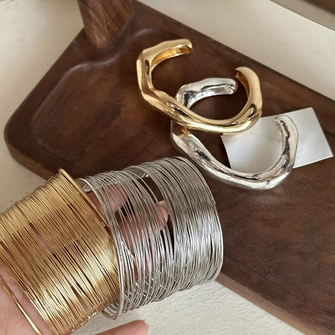 Alloy Irregular Wide Cuff Bracelet Exaggerated Multi Layer Wire Open Bangle Minimalist Arm Cuff Jewelry For Women