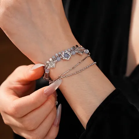 Retro Multi-Layer Bracelet Women Copper Alloy Silver Tone Light Blue Glass Beads Bohemian Geometric Floral Pendants Adjustable