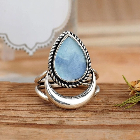 Vintage Waterdrop Blue Stone Ring Crescent Moon Bohemian Ethnic Copper Finger Jewelry For Women