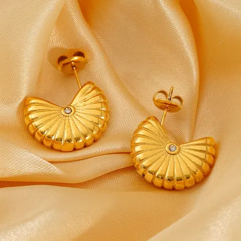 Pendientes De Botón Abanico Acero Inoxidable Chapado En Oro 18K Concha Nervada Geométrico Retro Joyería Para Mujeres