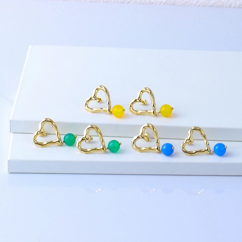 18K Vergoldet Edelstahl Unregelmäßig Hohl Herz Ohrstecker Mit Achat Perlen Für Damen Mode Schmuck