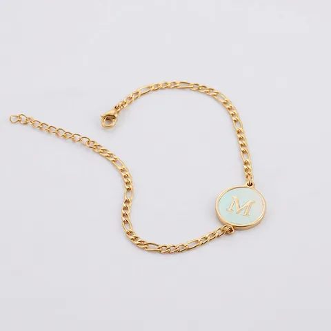 Pulsera Inicial Acero Inoxidable Mujer Chapado Oro 18K Concha Esmalte Colgante Redondo Cadena Figaro Ajustable Joyería Moda
