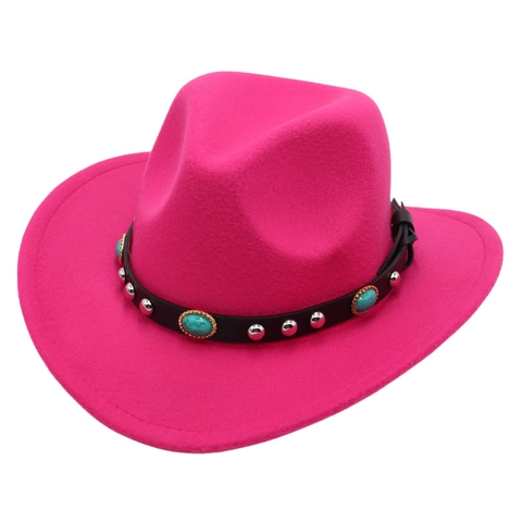 Kids Western Cowboy Hat Felt Studded Leather Band Turquoise Ethnic Retro Wide Brim Outdoor Sun Protection