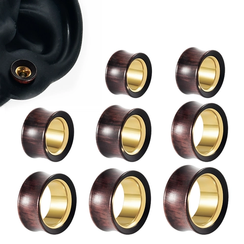 Ear Plugs Tunnels Gauges Stainless Steel And Sandalwood Hollow Piercing Jewelry Two Tone Stylish For Men And Women