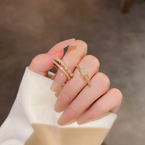 Gold Plated Alloy Rings With Square Cubic Zirconia Double Layer Open Adjustable Design Fashion For Women