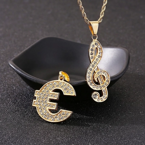 Ciondolo Nota Musicale Chiave Di Violino Simbolo Euro Collana Iced Out Placcato Oro Acciaio Inossidabile Gioielli Hip Hop Uomo
