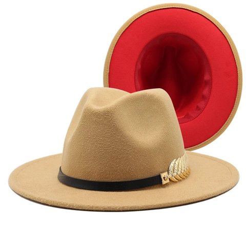 Wide Brim Fedora Hat Bicolor Contrast Interior Jazz Cap Cotton Polyester Blend With Gold Metal Leaf Buckle Vintage Style