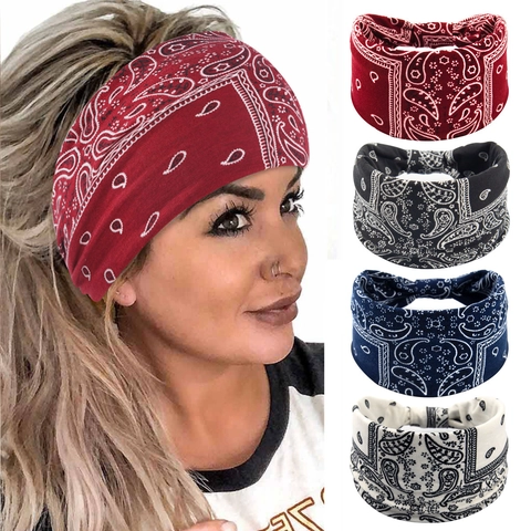 Bandeaux Larges Femmes Boho Paisley Léopard Élastiques Bandeaux Cheveux Yoga Sport Fitness Turban Noué Tête