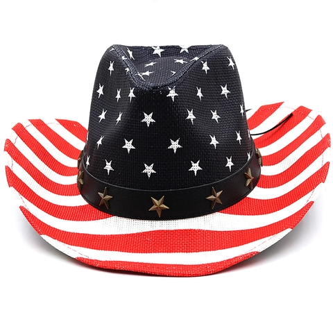 Chapeau De Cow-Boy De L Ouest Paille De Papier Drapeau Americain Etoiles Rayures Large Bord Respirant Retro Patriotique Ete Exterieur