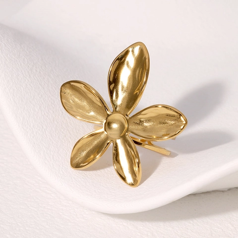 Anillo Ajustable De Flor Minimalista Acero Inoxidable Chapado En Oro Textura Martillada Joyería Estética Mujer