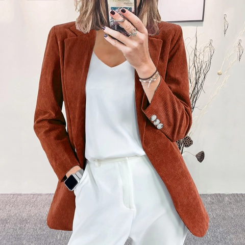 Women Corduroy Blazer Slim Fit Notch Lapel Solid Color Office Casual Long Sleeve Jacket With Buttons For Autumn Winter