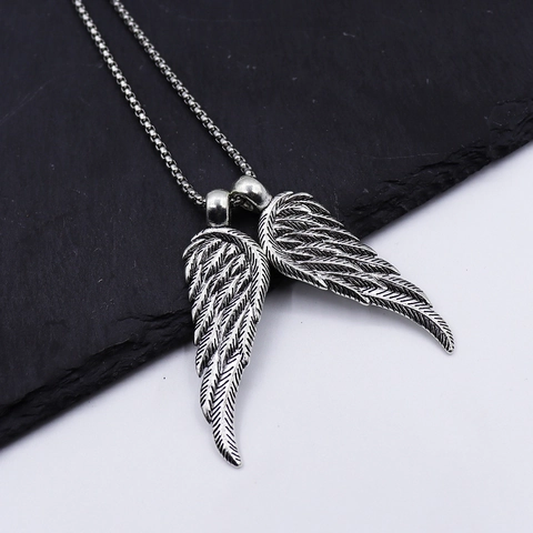 Retro Alloy Angel Wings Pendant Necklace Punk Gothic Style Jewelry For Men And Women Silver Color Box Chain