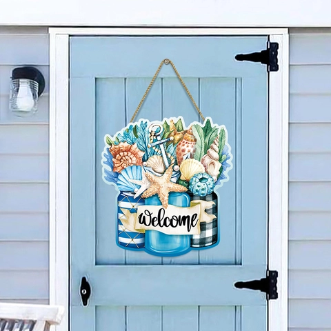 Nautical Ocean Theme Welcome Wood Sign Starfish Shell Anchor Hanging Plaque For Front Door Wall Decor Coastal Home Decoration