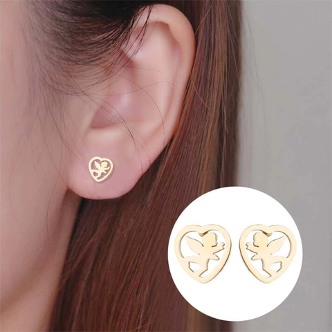 Heart Stud Earrings Stainless Steel Hollow Cupid Angel Silhouette Cute Romantic Jewelry For Women Girls Fashion