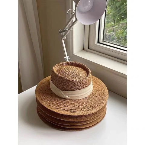 Women Boater Hat Woven Straw Flat Top Wide Brim Sun Protection Beach Vacation Ribbon Decor Elegant Summer