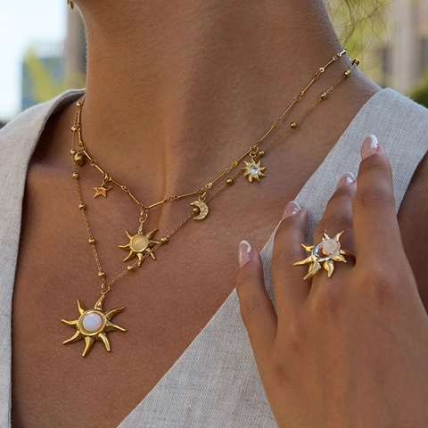Sun Moon Star Celestial Necklace Earrings Bracelet Ring Stainless Steel Opal Jewelry For Women Elegant Fashion