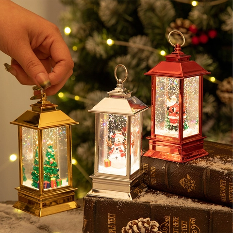 Christmas Lantern Water Snow Globe Electroplated Plastic Frame Retro LED Night Light Holiday Table Decor Santa Snowman Tree