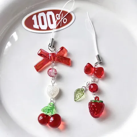 Llavero De Cuentas Hecho A Mano Cereza Fresa Resina Lazo Corazón Colgante Accesorio Para Bolso Teléfono Dulce Estético