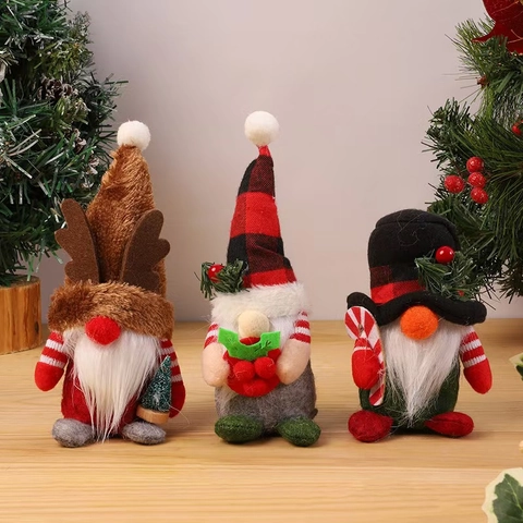 Gnomo di Natale Bambola di Peluche Corna di Renna Cappello a Quadri Rudolf Vecchio della Foresta Senza Volto Decorazione Desktop