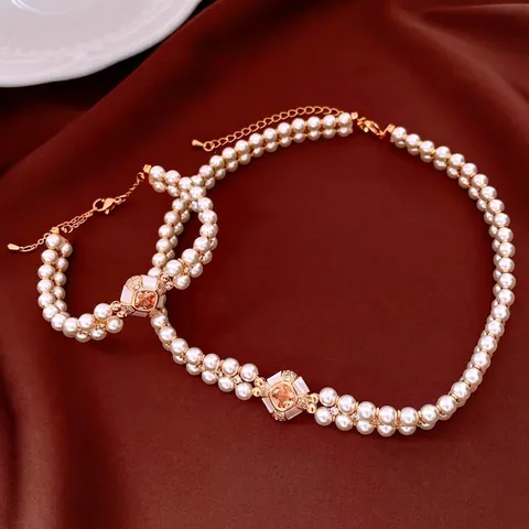 Collana E Bracciale Di Künstliche Perle Sintetiche A Doppio Filo Gioielli In Rame Placcato Oro Vintage Con Gemma Quadrata Zircone Per Donne