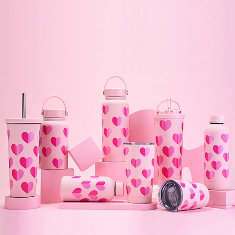 Pink Insulated Tumbler Straw Stainless Steel Vacuum Flask Heart Pattern Portable Coffee Cup Travel Water Bottle Gift