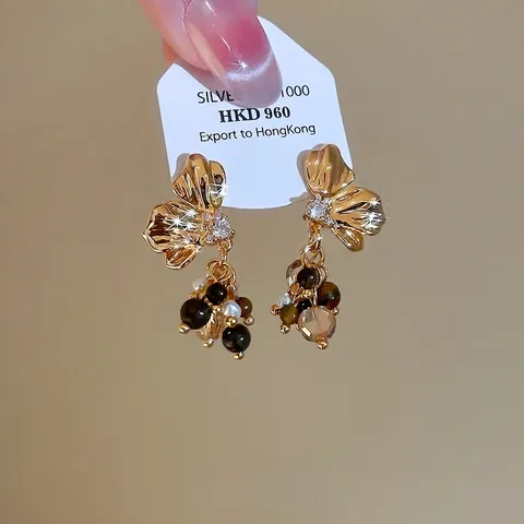Flower Petal Tassel Drop Earrings With Silver Earring Post Tiger Eye Stone Zircon Copper Vintage Elegant For Women
