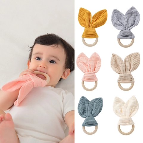 Baby Soothing Towel Bunny Ears Teether Toy Wooden Ring Soft Cotton Gauze Teething Ring For Infants Newborns