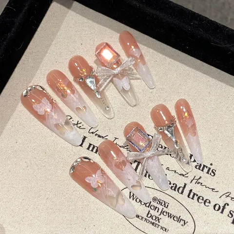 Handmade Press On Nails Long Stiletto Gradient Pink White With 3D Butterfly Rhinestone Bow Knot Elegant Reusable False Nails