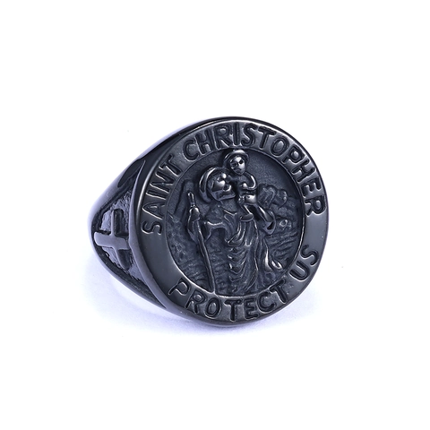 Vintage Saint Christopher Protect Us Signet Ring Stainless Steel Religious Cross Jewelry For Men Retro Punk Style