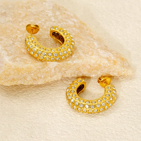 Pendientes De Aro Gruesos En Forma De C De Lujo Francés Para Mujer De Acero Inoxidable Bañado En Oro Con Strass Pavimentados