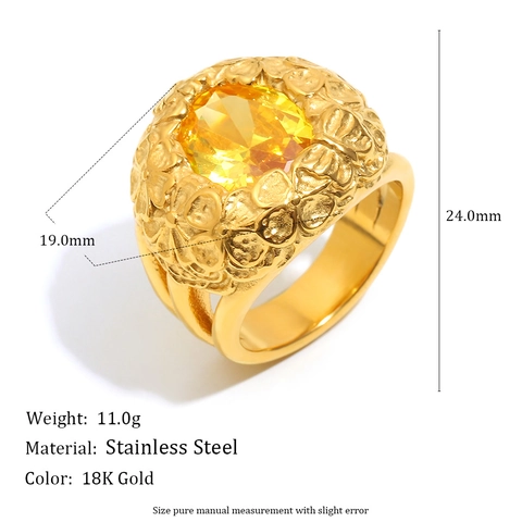 Vintage 18K Gold Plated Stainless Steel Ring With Large Oval Yellow Zircon Flower Butterfly Relief Retro Jewelry For Women