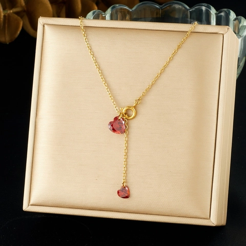 Herz Anhänger Halskette Edelstahl Roter Rhinestone Y-Form Vergoldet Minimalistischer Schmuck Für Damen