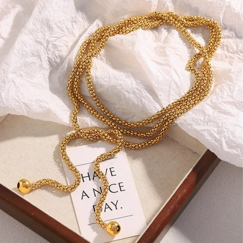 Minimalist Stainless Steel 18K Gold Plated Long Lariat Necklace Woven Popcorn Chain With Spherical Ball Pendants Luxury Versatile Jewelry For Women
