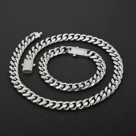 Collar Y Pulsera De Eslabones Cubanos De Acero Inoxidable Hebilla De Diamantes De Imitación Hip Hop Joyería
