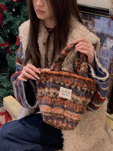 Borsa A Mano In Peluche Ecopelliccia Sherpa Cerniera Morbida Casual Inverno Etnico Geometrico Rigato Vintage Per Donne