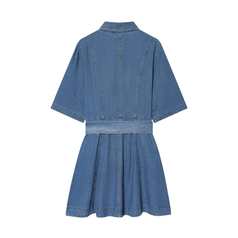 Damen Denim Mini Kleid Kurzarm Knopfleiste Hemdkragen Taillengürtel Elegant A Linie Lässig Streetwear Mode