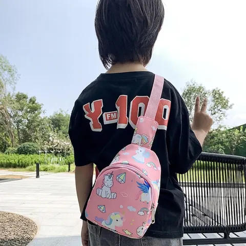 Kids Crossbody Bag Sling Chest Pack Nylon Cartoon Dinosaur Unicorn Print Adjustable Strap For Boys Girls