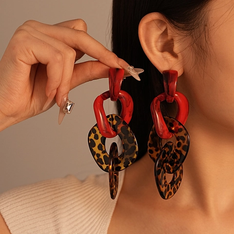 Boucles D'Oreilles Pendantes Géométriques Color-Block À Imprimé Léopard Avec Tige En Argent Acrylique Exagéré Pour Femmes