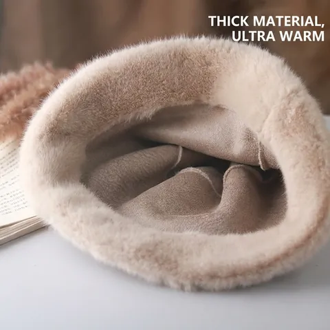 Women Winter Thickened Faux Fur Bucket Hat Warm Soft Plush Cotton Basin Hat Solid Color Outdoor Ear Protection Earflap Hat