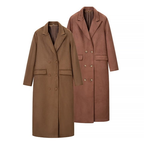 Damen Langer Grabenmantel Aus Wildlederimitat Zweireiher Locker Mode Lässig Elegant Oberbekleidung Jacke Mit Taschen