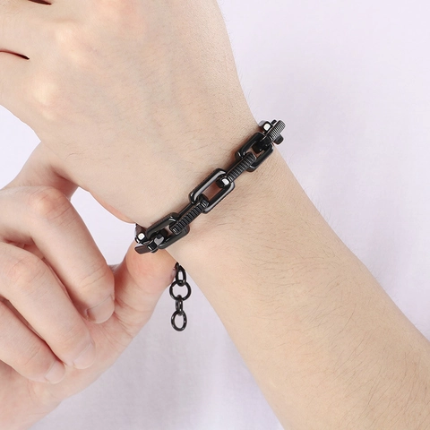 Stainless Steel Chain Bracelet For Men Vintage Punk Rectangular Textured Thick Links Hipster Industrial Style