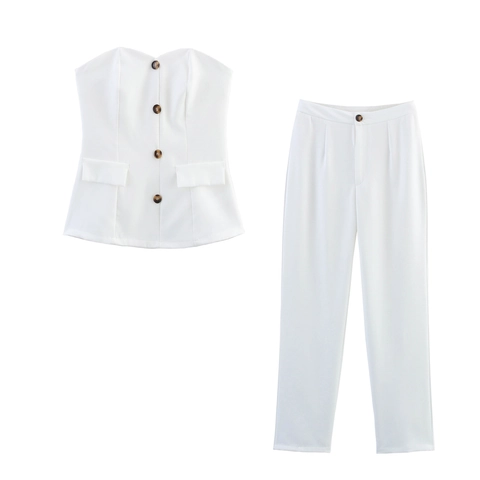 Top De Tubo Sin Tirantes Y Pantalones De Cigarrillo Para Mujer Color Sólido Detalle Botón Elegante Poliéster Oficina